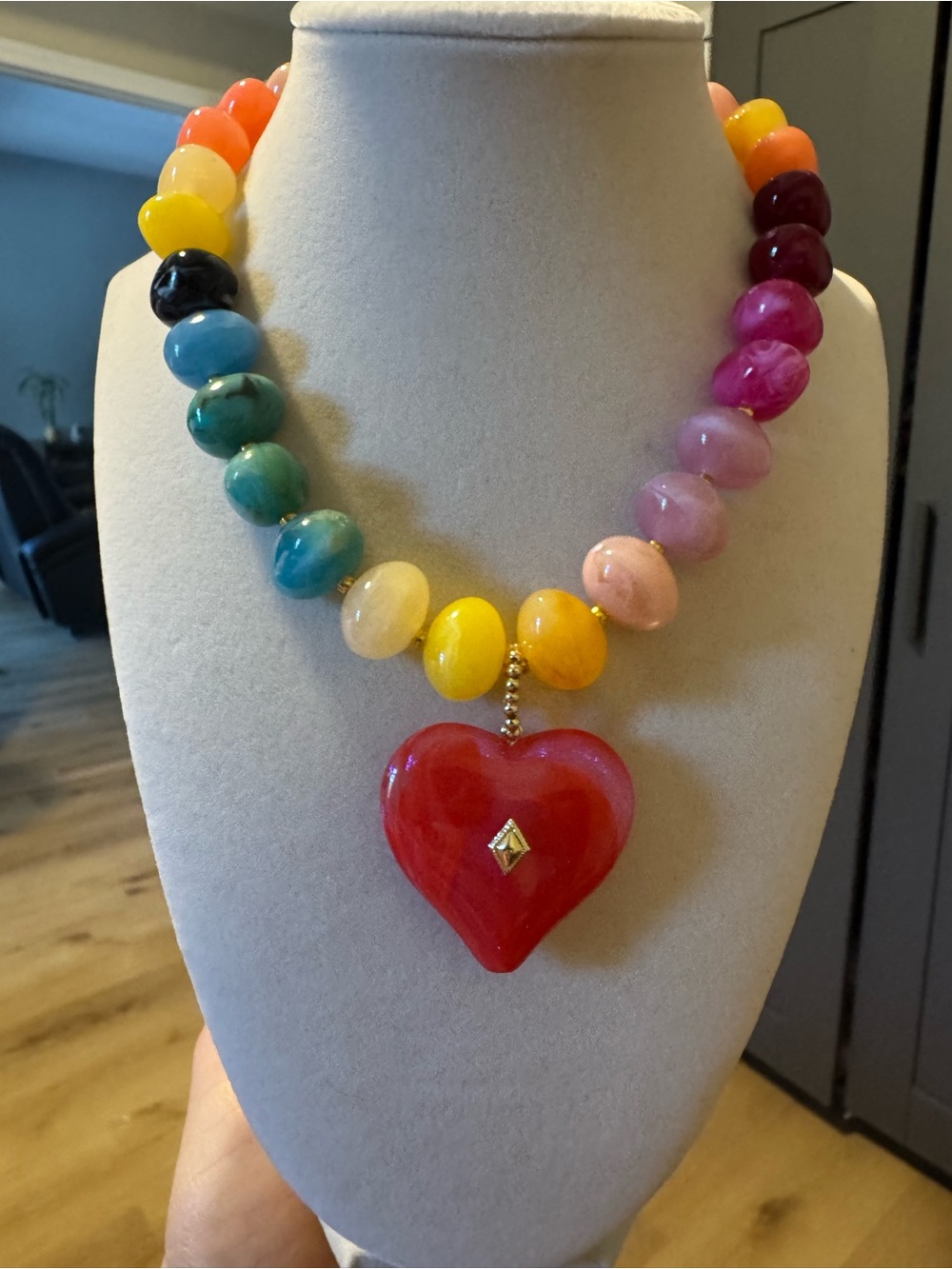 Multicolor Beaded Necklace with Red Heart Pendant - Women Jewelry